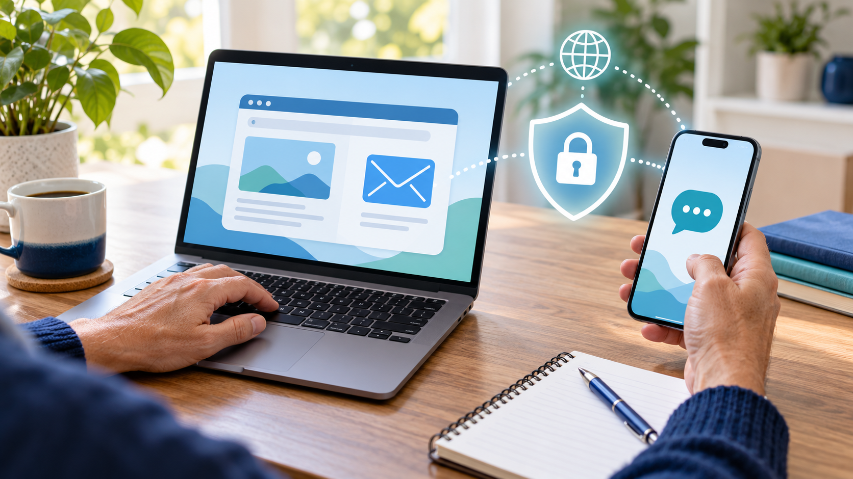 Computer e smartphone con simboli di e-mail, messaggistica e protezione dei dati personali.