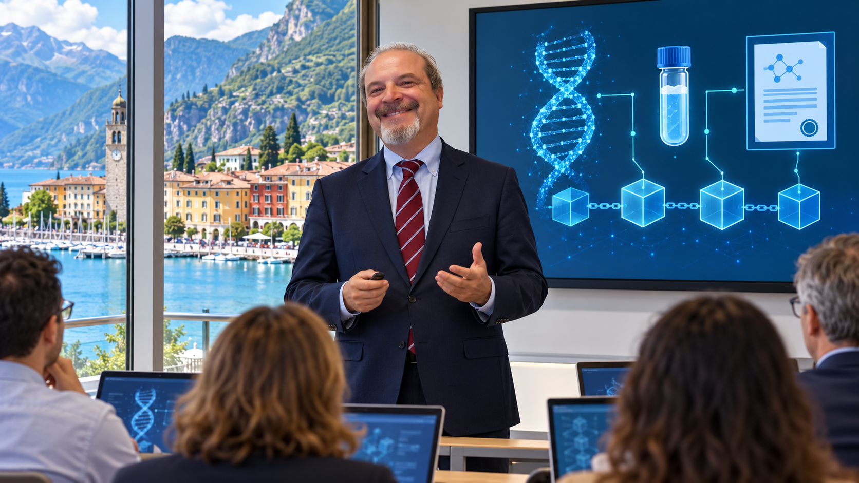 Scena illustrativa di Valerio in postura eretta come formatore in aula sulle applicazioni della blockchain nelle biotecnologie, con Riva del Garda sullo sfondo.