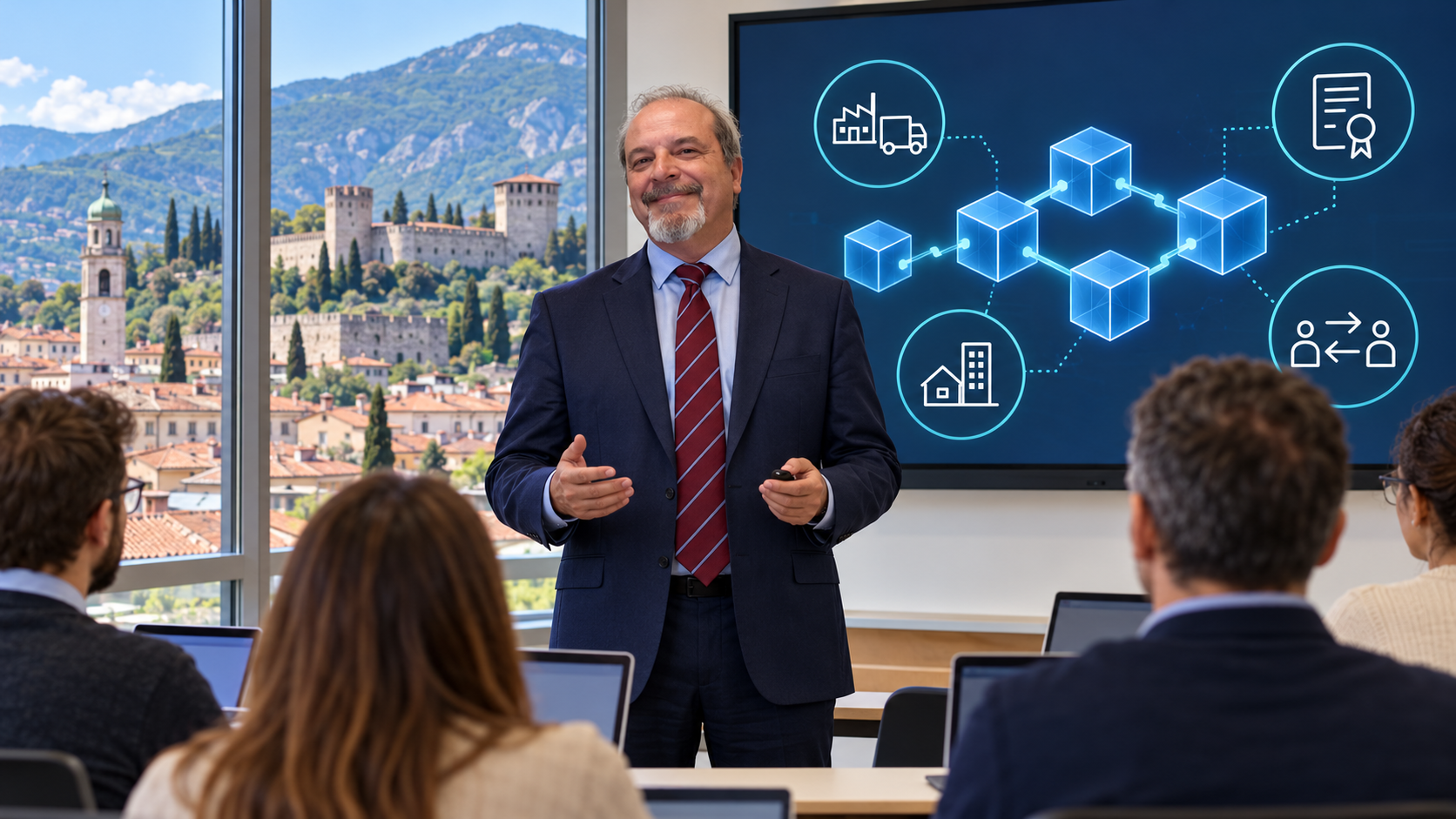 Scena illustrativa di Valerio in postura eretta come formatore in aula sulle applicazioni della blockchain, con Rovereto sullo sfondo.