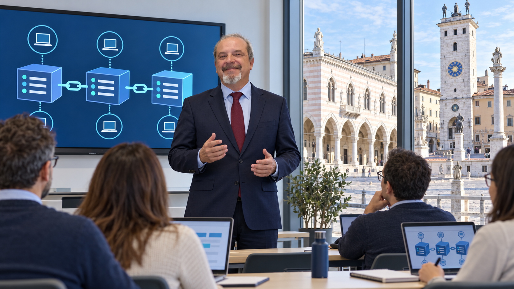 Scena illustrativa di Valerio in postura eretta come formatore in aula sulla struttura della blockchain, con Udine sullo sfondo.