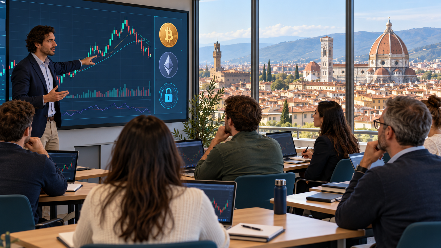 Scena illustrativa di una lezione di trading con le criptovalute in aula, con grafici su schermo e il Duomo di Firenze sullo sfondo.