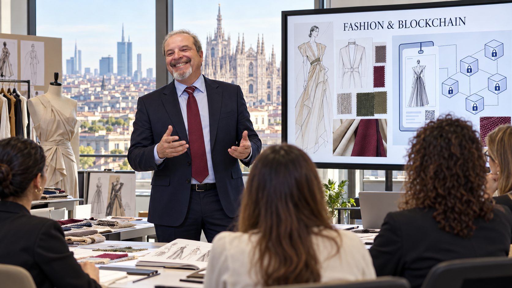 Scena illustrativa di Valerio in postura eretta come formatore in aula sul fashion design e le applicazioni della blockchain, con Milano sullo sfondo.