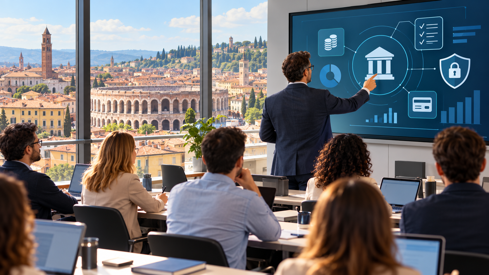 Scena illustrativa del corso di finanza in aula: un formatore presenta concetti finanziari su uno schermo, con partecipanti e una veduta di Verona sullo sfondo.