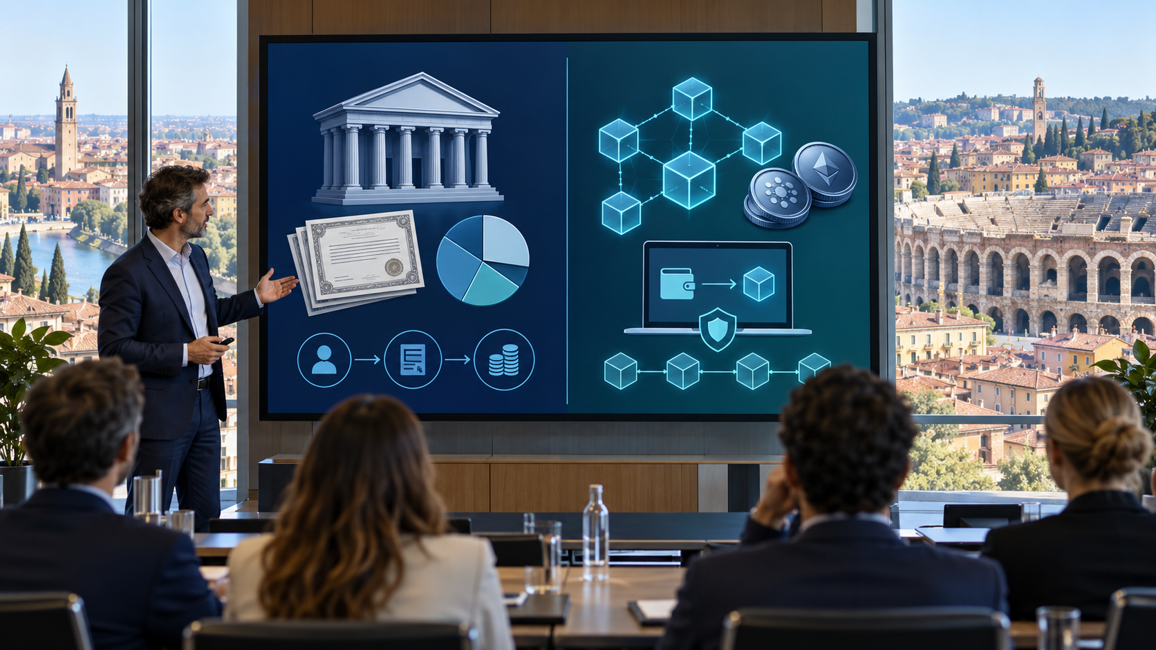 Scena illustrativa di una lezione con confronto su schermo tra finanza tradizionale e digitale, in un’aula con Verona sullo sfondo.