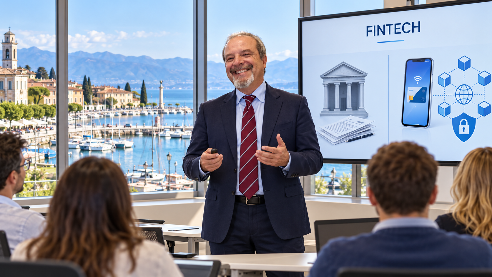 Scena illustrativa di Valerio in postura eretta come formatore in aula sul confronto tra banking digitale e sistema bancario tradizionale, con Desenzano del Garda (BS) sullo sfondo.