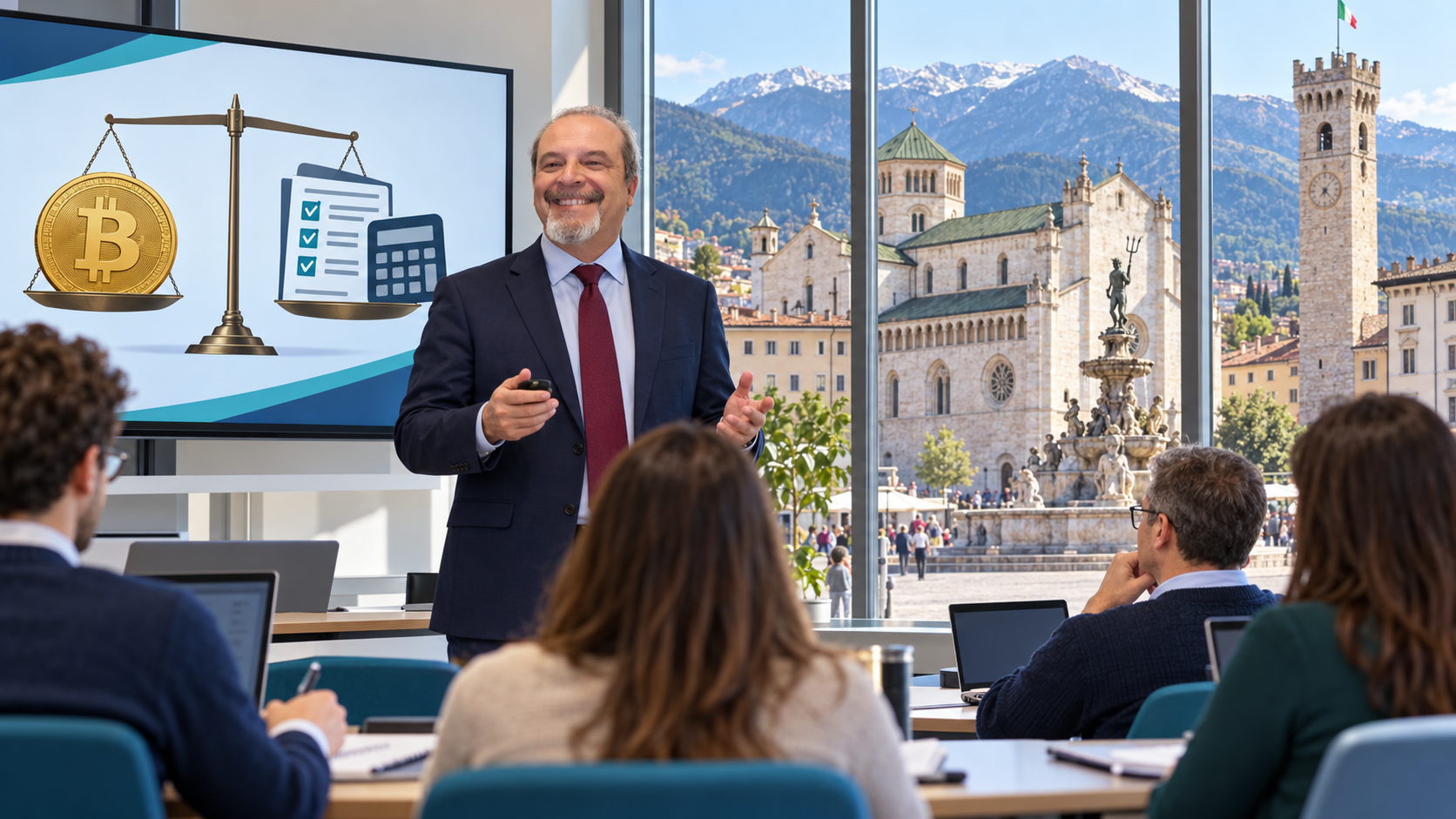 Scena illustrativa di Valerio come formatore durante una lezione sulla legalità e fiscalità delle criptovalute, con Trento sullo sfondo.