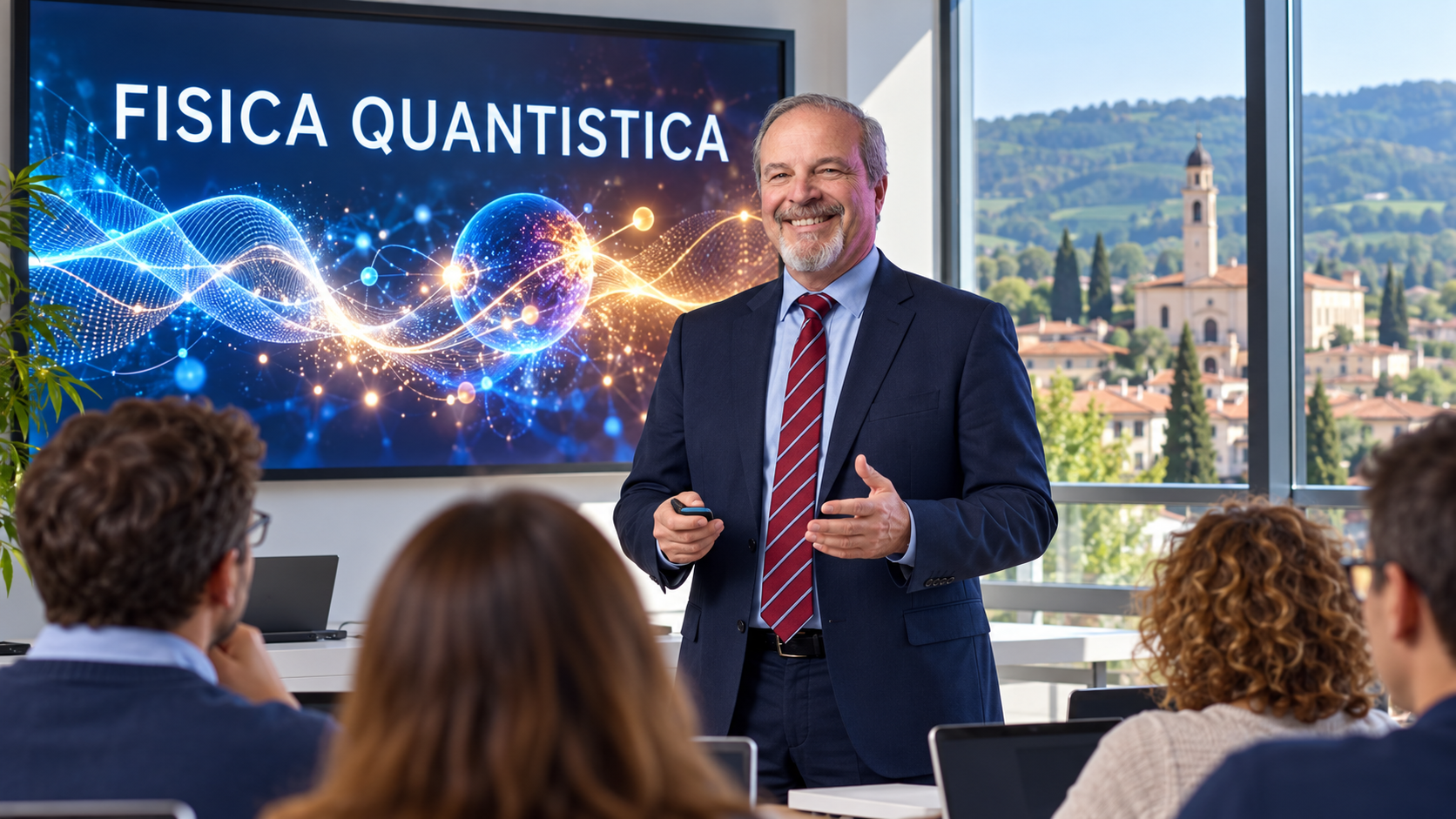 Scena illustrativa di Valerio Rossi in postura eretta come formatore in aula sui principi di fisica quantistica, con San Martino Buon Albergo (VR) sullo sfondo.