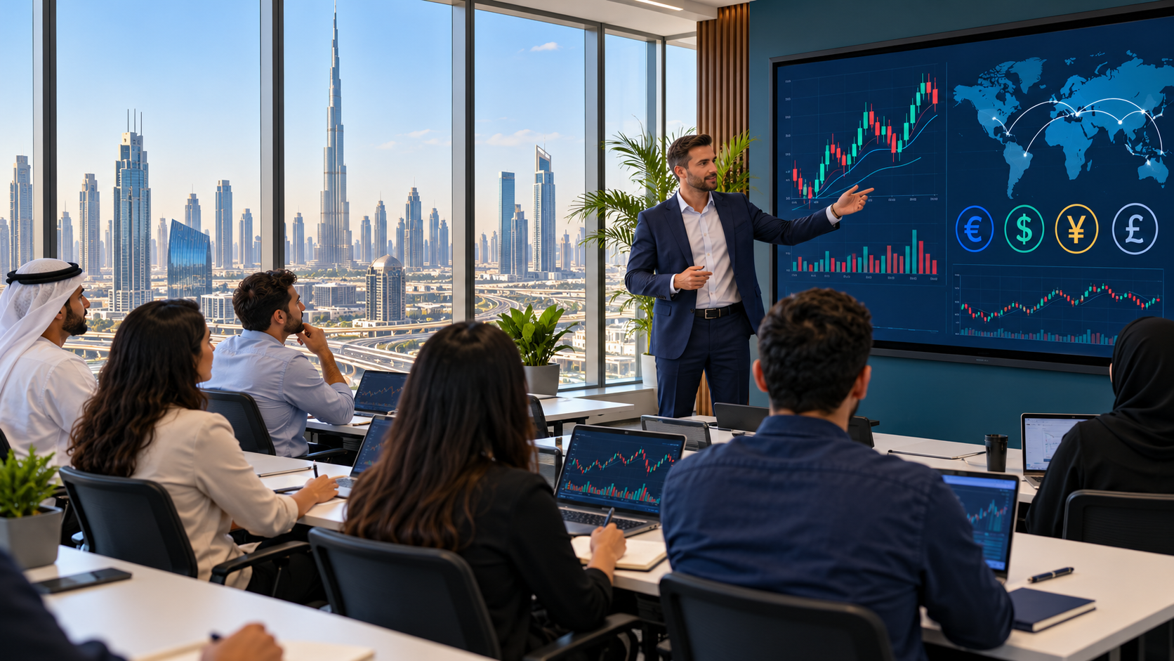 Scena illustrativa di una lezione sul FOREX in aula, con grafici valutari sullo schermo e lo skyline di Dubai con il Burj Khalifa sullo sfondo.