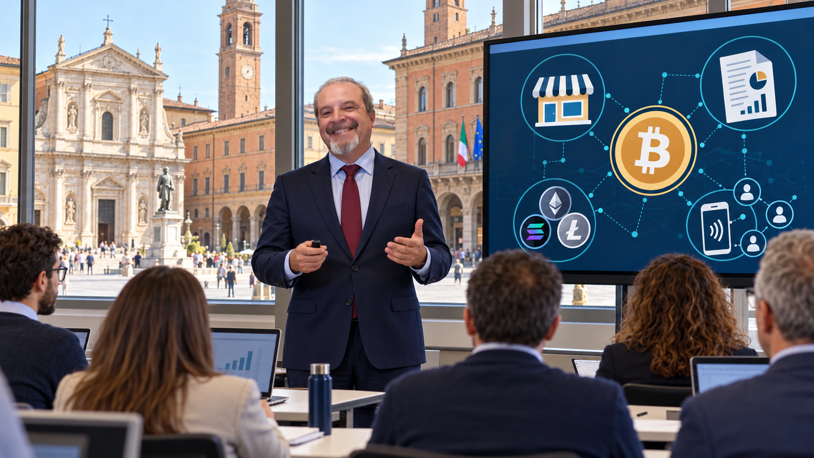 Scena illustrativa di Valerio in postura eretta come formatore in aula sull’imprenditoria legata a Bitcoin e alle criptovalute, con Reggio Emilia sullo sfondo.