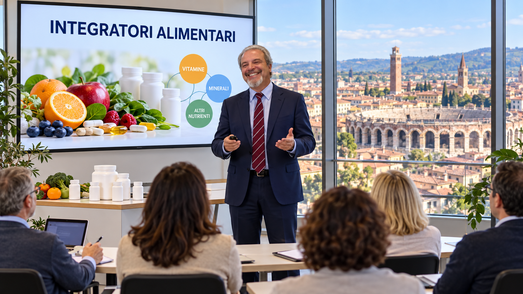 Scena illustrativa di Valerio Rossi in postura eretta come formatore in aula sugli integratori alimentari, con Verona e l’Arena sullo sfondo.