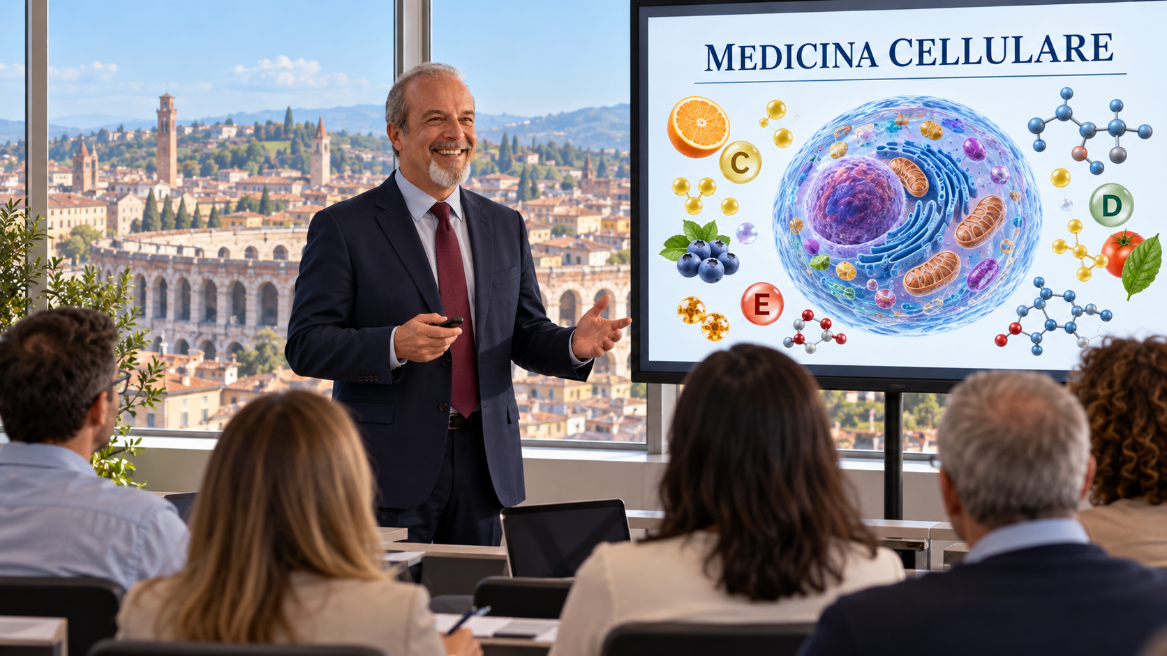 Scena illustrativa di Valerio Rossi in postura eretta come formatore in aula sulla medicina cellulare, con Verona e l’Arena sullo sfondo.