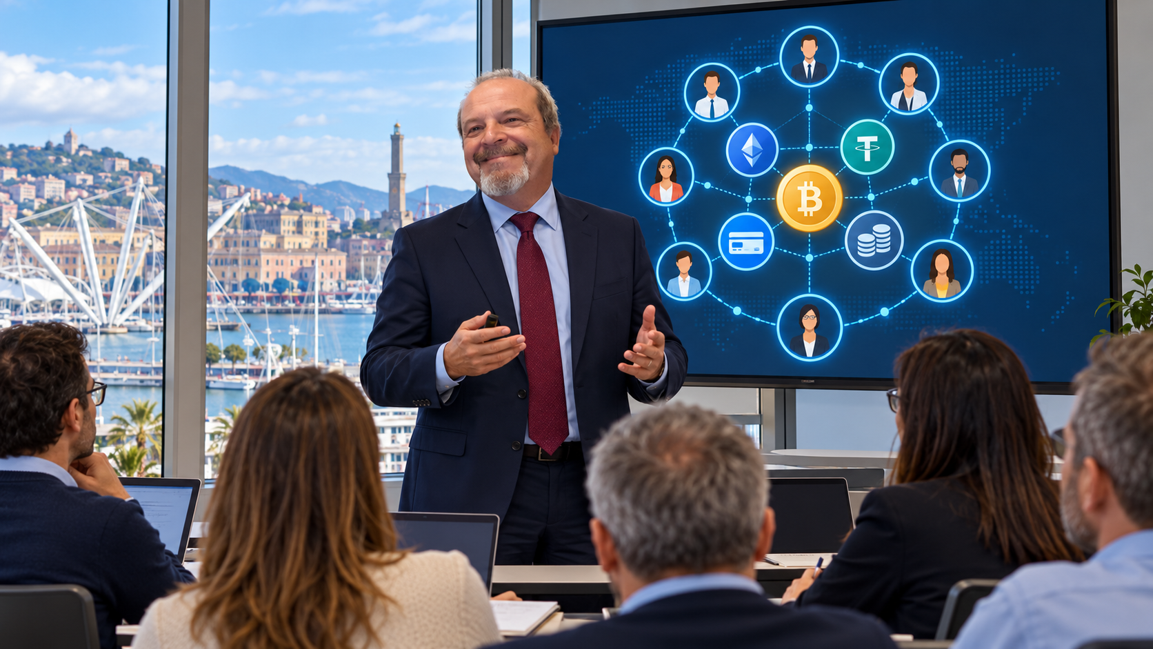 Scena illustrativa di Valerio in postura eretta come formatore in aula sul network marketing digitale e le criptovalute, con Genova sullo sfondo.