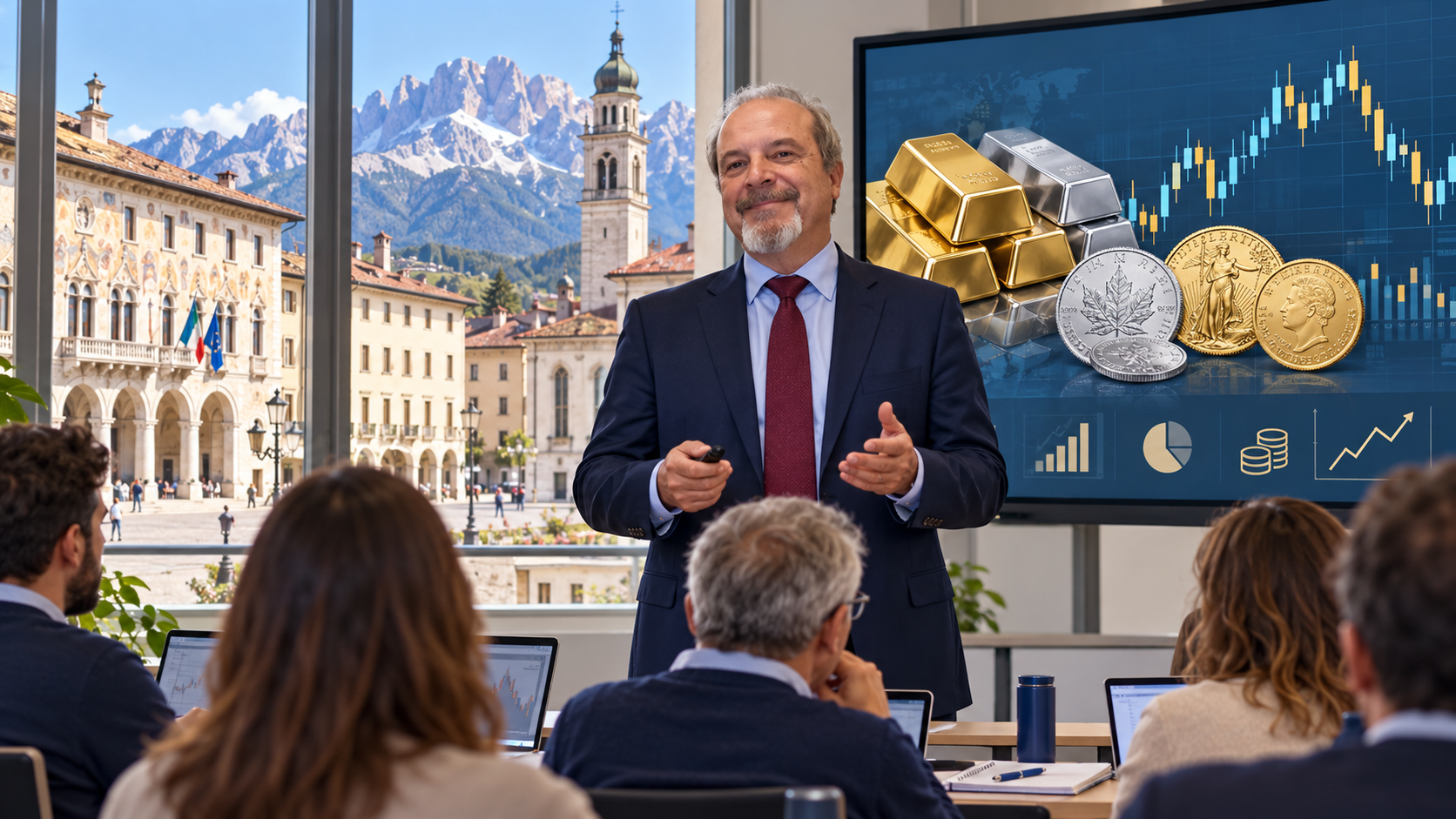 Scena illustrativa di Valerio in postura eretta come formatore in aula sull’oro e i metalli preziosi, con Belluno sullo sfondo.