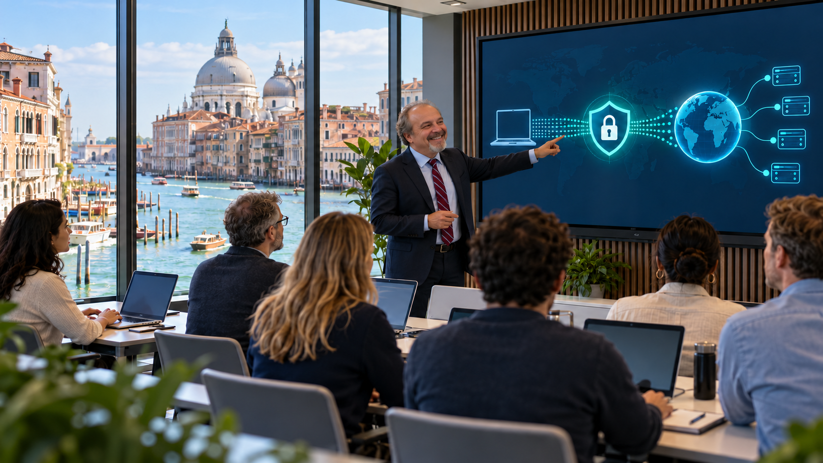 Scena illustrativa di una lezione sulle VPN in aula, con Venezia e il Canal Grande sullo sfondo.