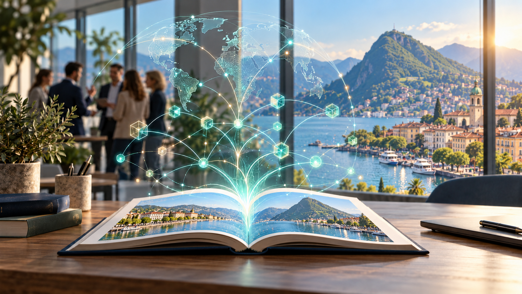 Illustrazione della condivisione di conoscenze: un libro aperto, connessioni digitali internazionali e Lugano con il suo lago sullo sfondo.
