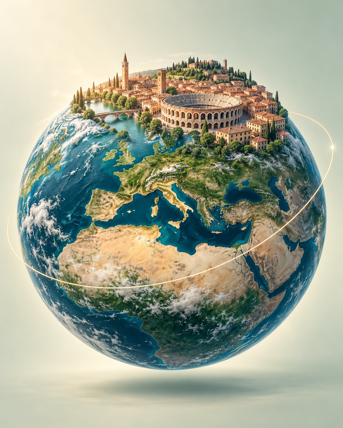 Illustrazione dell’Arena e dei monumenti di Verona sul globo terrestre, simbolo delle radici locali e della prospettiva internazionale di VR Education.