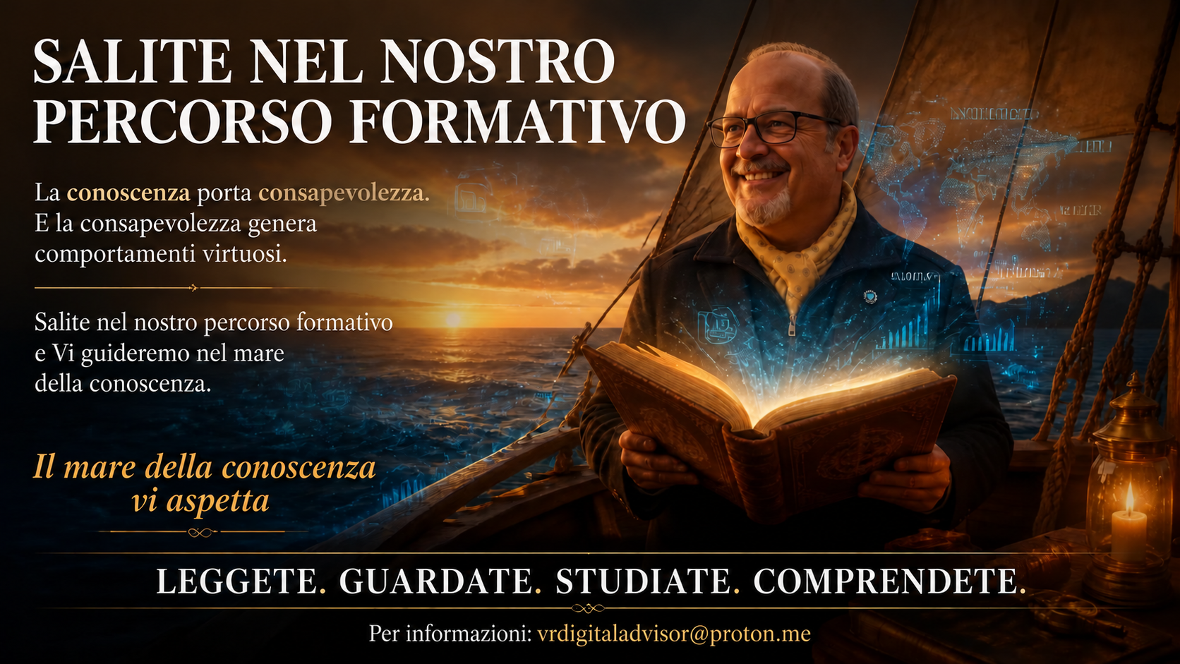 Salite nel nostro percorso formativo. La conoscenza porta consapevolezza. E la consapevolezza genera comportamenti virtuosi. Salite nel nostro percorso formativo e vi guideremo nel mare della conoscenza. Il mare della conoscenza vi aspetta. Leggete, guardate, studiate, comprendete. Per informazioni: vrdigitaladvisor@proton.me.